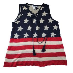 99 Jane Street Womens 1X American Flag Knit Sweater Vest Tassel Tie Patriotic